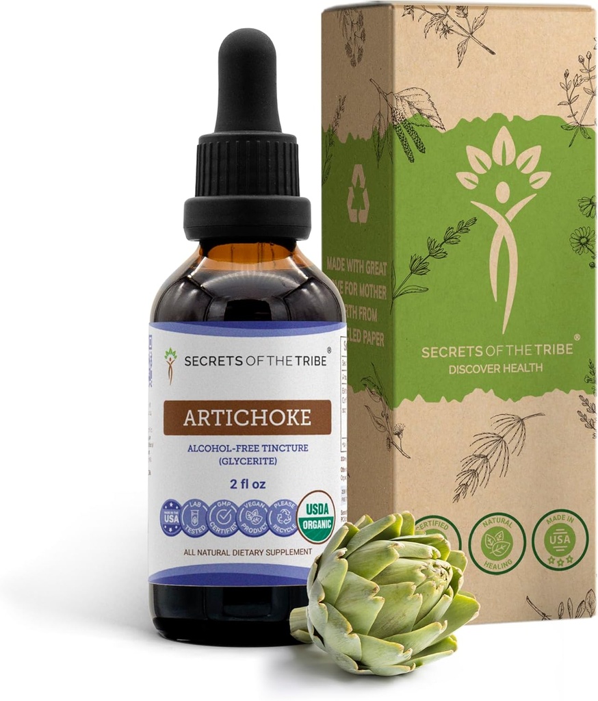 Secrets of the Tribe Artichoke USDA Organic Mezzogiorno 124; Alkohol- Free Extract, High- Potency Herbal Drops Mezzogiorno 124; Lavet af 100% Certified Organic Artichoke (Cynara scolymus) Tørret Leaf 2 oz
