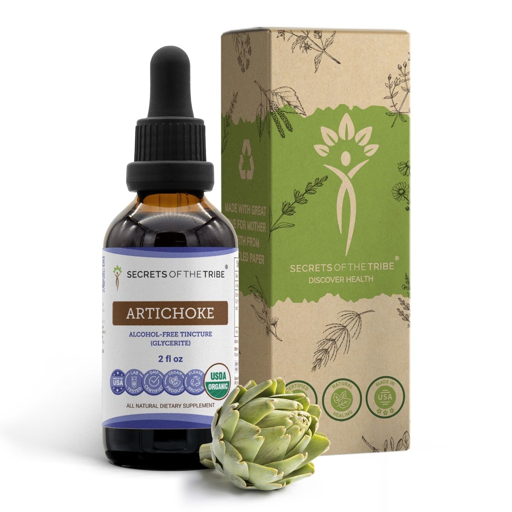 Secrets of the Tribe Artichoke USDA Organic Mezzogiorno 124; Alkohol- Free Extract, High- Potency Herbal Drops Mezzogiorno 124; Lavet af 100% Certified Organic Artichoke (Cynara scolymus) Tørret Leaf 2 oz