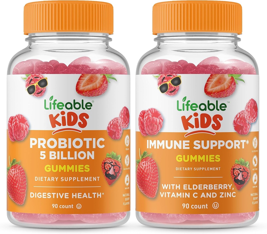 Lifeable Probiotika 5 Millioner Kids + immunforsvar Kids, Gummies Bundle - Great Tasting, Vitamin Supplement, Gluten Free, GMO fri, Chewable Gummy