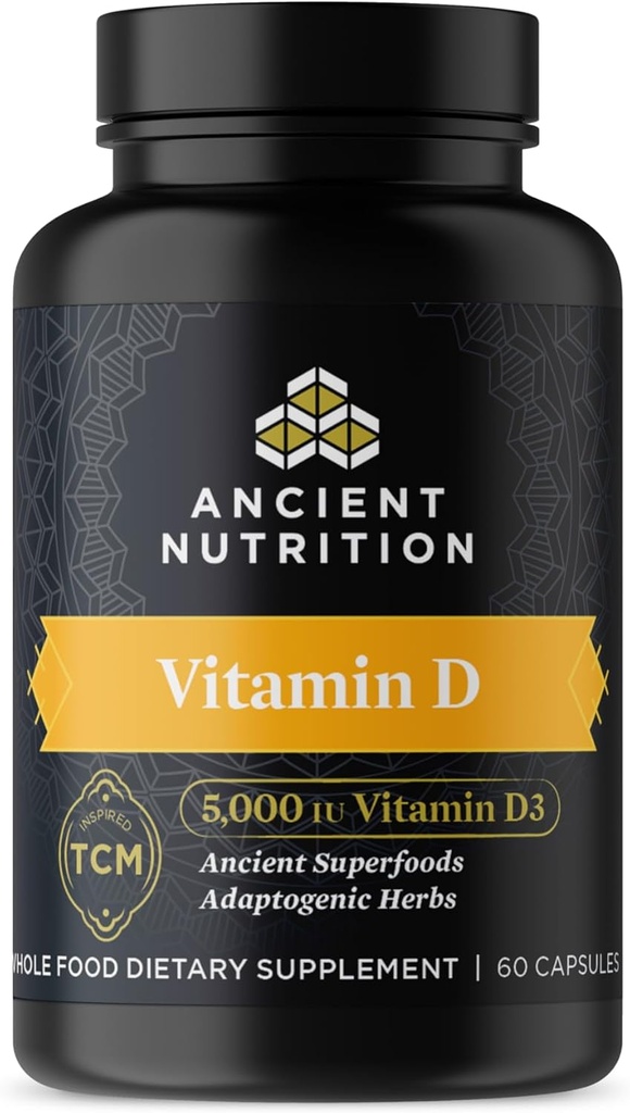Ancient Nutrition D-vitamin supplement, 5.000 IE D-vitamin til immunforsvar, fremstillet af benmel og champignon ekstrakt, understøtter sund inflammation, Paleo og Keto Friendly, 60 kapsler
