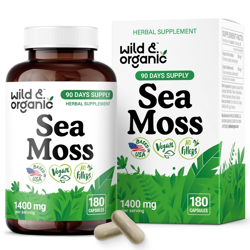 Wild & Organic Sea Moss Capsules - Irish Sea Moss Complex with Bladderwrack for Overall Well-Being - 180 Vegan Seamoss Capsules