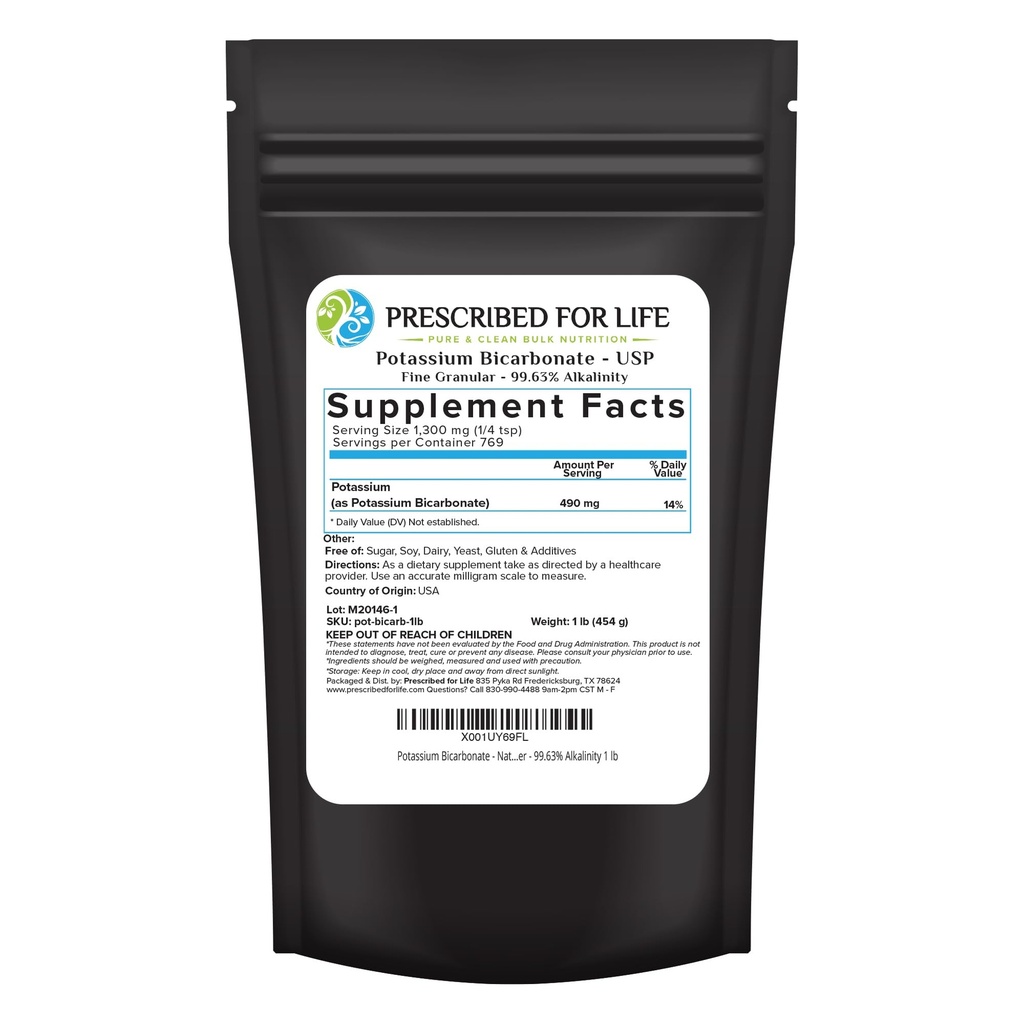 Udskrevet for Life Kalium Bicarbonat Pulver, Pure USP & Food Grade Kalium Bicarbonat til Planter, Winemaking, & Bagning, Krystallinsk Pulver, 39% K (1lb)