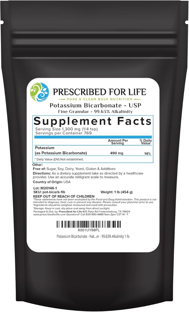Udskrevet for Life Kalium Bicarbonat Pulver, Pure USP & Food Grade Kalium Bicarbonat til Planter, Winemaking, & Bagning, Krystallinsk Pulver, 39% K (1lb)