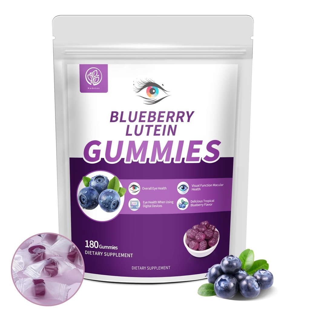 Blueberry Lutein Eye Vitamin Gummies med 180 Greve - 3 måneders levering, Vegansk Eye Health Supplement for børn og voksne, Lutein Gummies for Vision Clarity og Blue Light Support