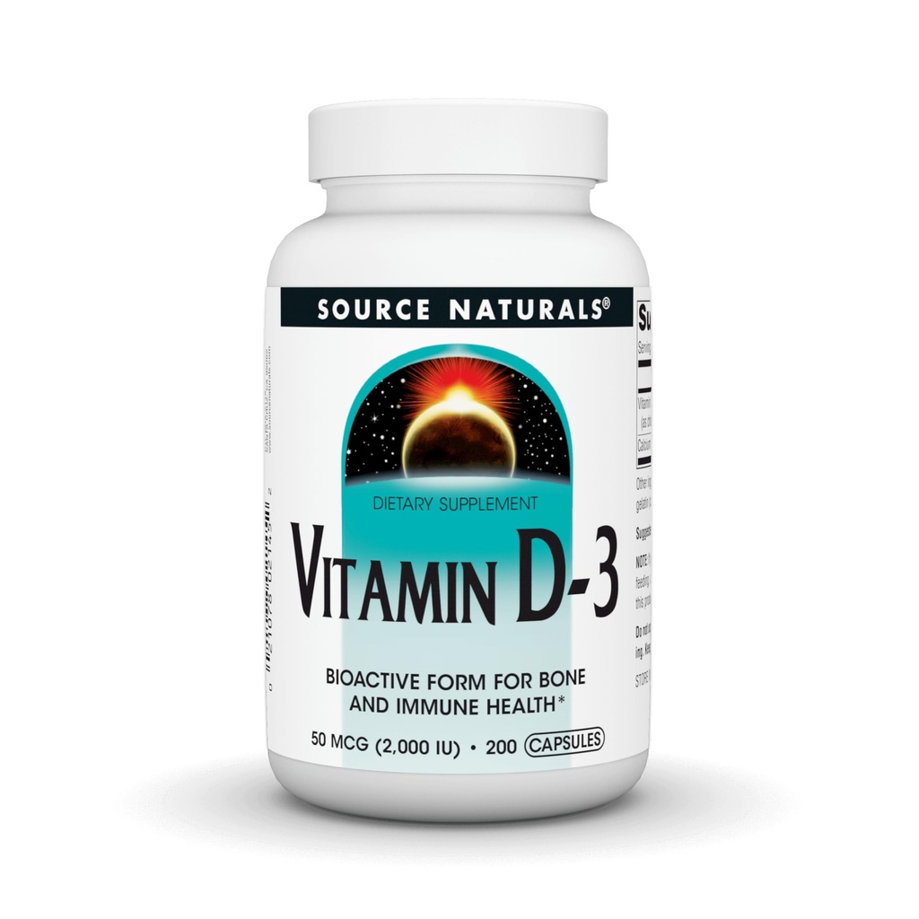 Source Naturals Vitamin D-3, Bioactive Form for Bone & immunforsvar *, 2000 IE - 200 kapsler