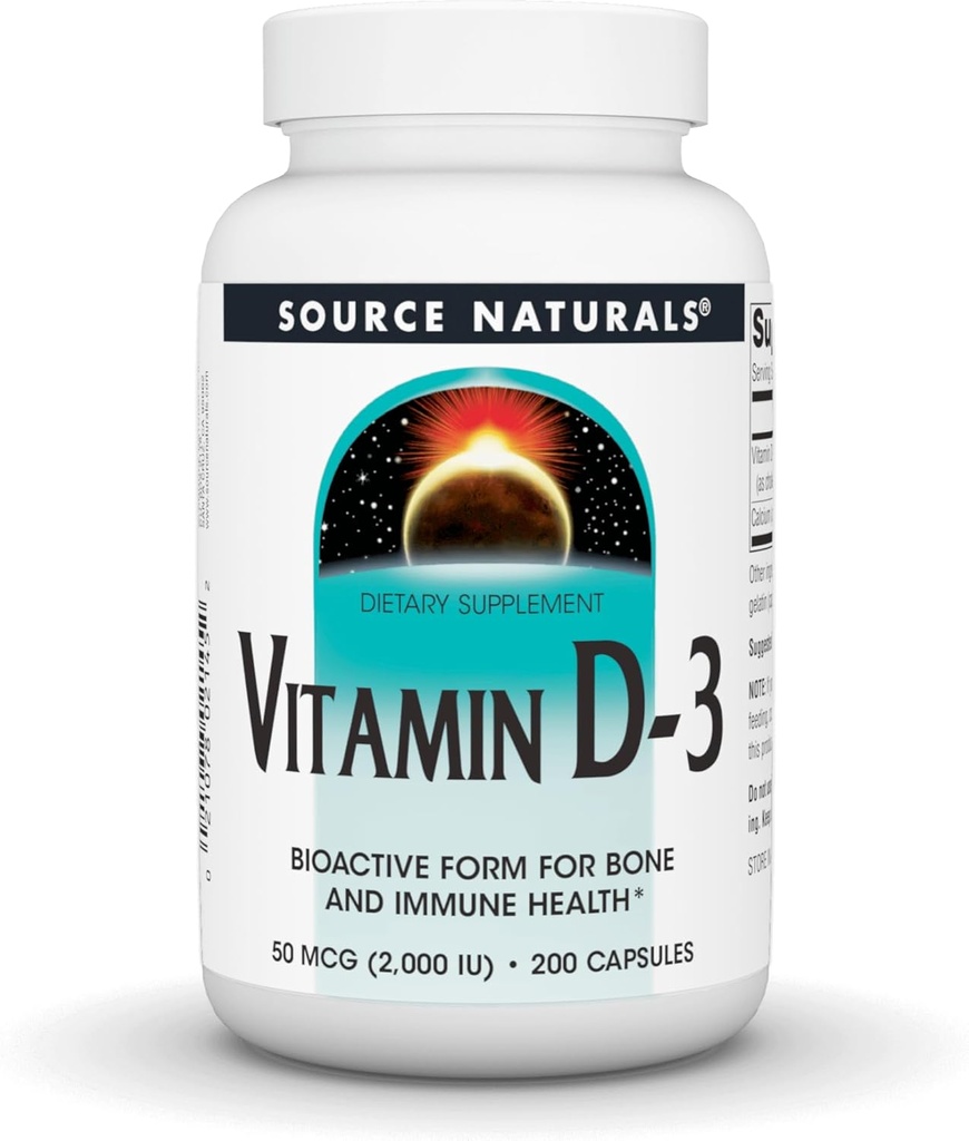 Source Naturals Vitamin D-3, Bioactive Form for Bone & immunforsvar *, 2000 IE - 200 kapsler