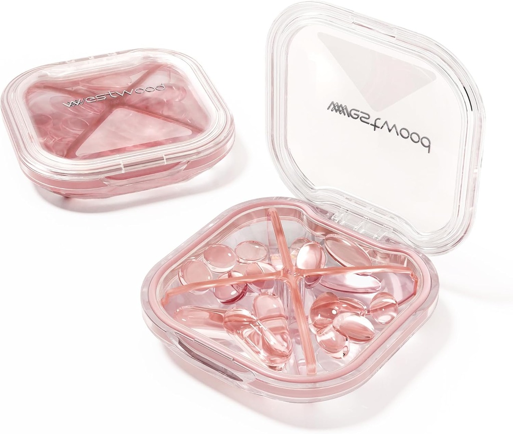1 Pack Small Pink Pill Organizer, 4 afdelinger, Compact Stilfuld Rejser Camping Pill Box Daily Medicine Pill Case, Portable og Fugtsikre til Store Vitaminer, Medicin og Kosttilskud