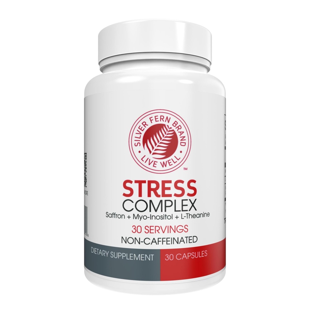 Silver Fern Stress Complex supplement - uden koffein - søvn, bekymring, mad & mere - med safran kosttilskud, L- Theanine supplement, & Myo- inositol - Natural Stress Relief supplement (pakke med 1)