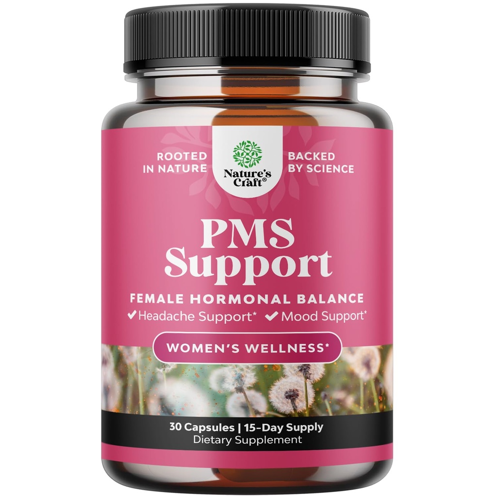PMS Support for Women - Hormone Balance for Women & Menstrual Ease med DIM, Chasteberry, Black Cohosh & Ashwagandha - for Periode Cramps Ease, Menopause Bloating, Mood Swing - 30 Ct