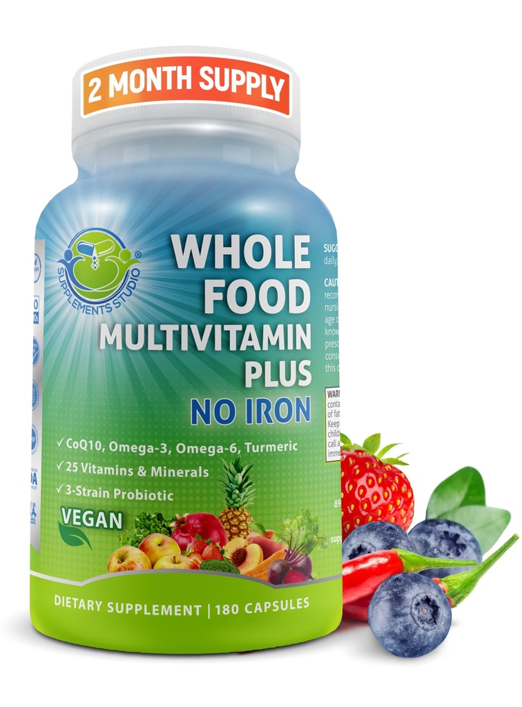 Vegansk hel mad Daglig Multivitamin uden jern, Metyleret Multivitamin for kvinder og mænd, Lavet med Frugt & Grøntsager, B-Complex, Probiotika, Enzymer, CoQ10, Omegas, Gurkemeje, Non- GMO, 180 Greve