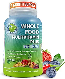 Vegan Whole Food Daily Multivitamin Without Iron, Methylated Multivitamin for Women and Men, Made with Fruits & Vegetables, B-Complex, Probiotics, Enzymes, CoQ10, Omegas, Turmeric, Non-GMO, 180 Count