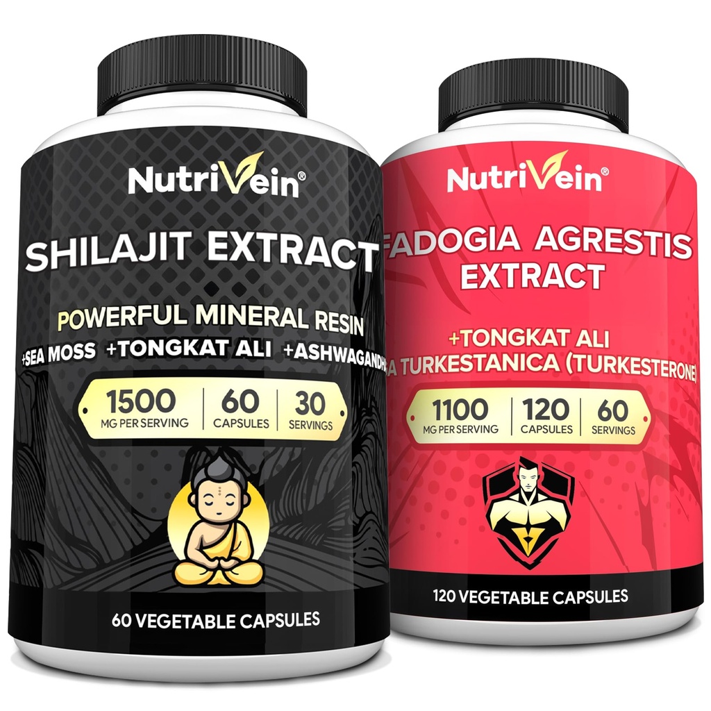 Nutrivein Premium Shilajit Kapsler og Fadogia Agrestis Supplement Bundle: Kraftig Shilajit for kvinder og mænd + Fadogia Agrestis med Tongkat Ali Supplement for ydeevne, Endurance, & Vitality