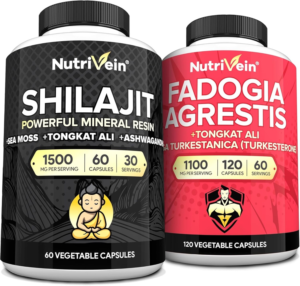 Nutrivein Premium Shilajit Kapsler og Fadogia Agrestis Supplement Bundle: Kraftig Shilajit for kvinder og mænd + Fadogia Agrestis med Tongkat Ali Supplement for ydeevne, Endurance, & Vitality