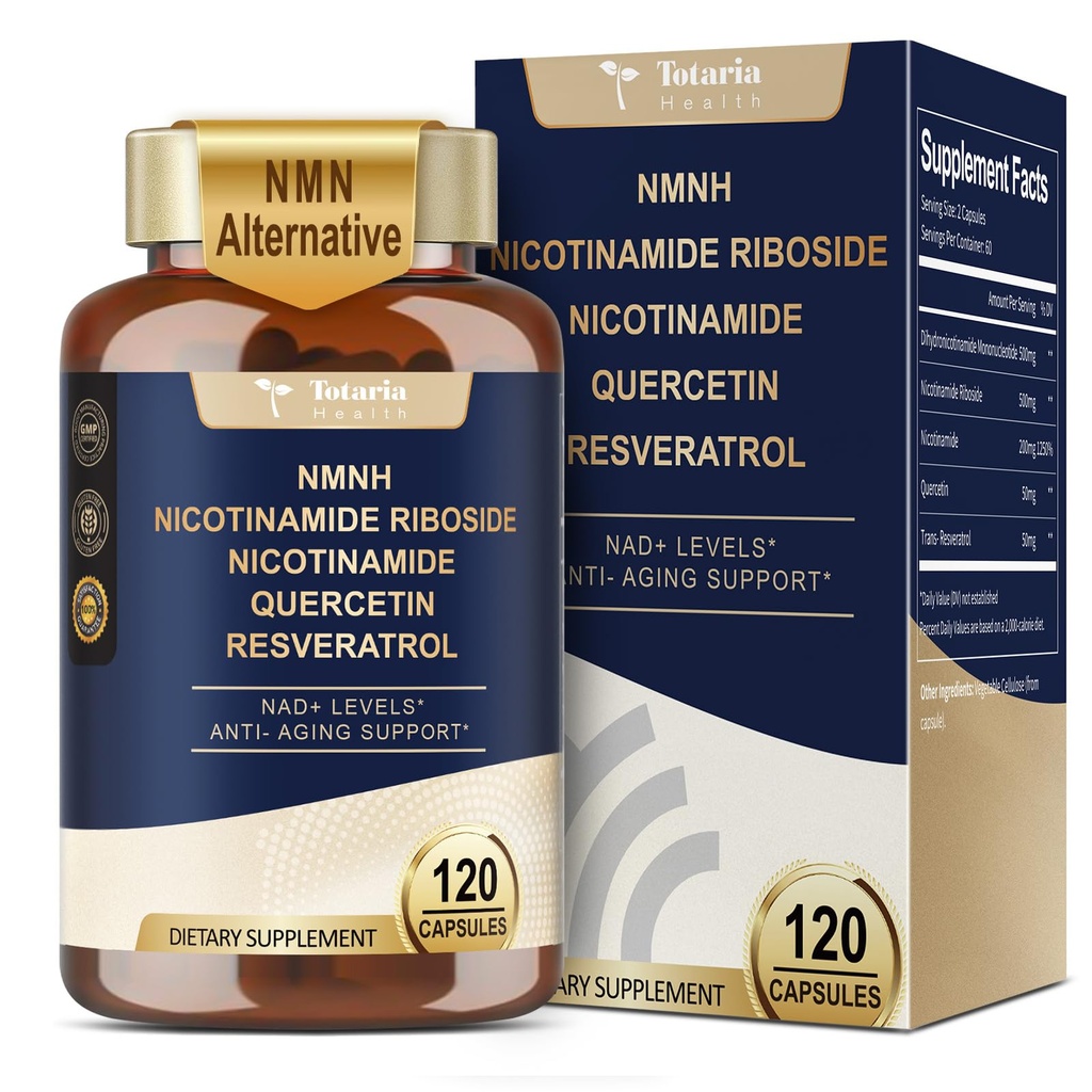 Totaria NMNH (Dihydronicotinamid Mononucleotid), NMN Alternativ tillæg w / Niacinamid (vitamin B3), Quercetin, Trans- Resveratrol, Support NAD +, Skin Cell Health *, Anti- Aging & Energy, 120 Caps