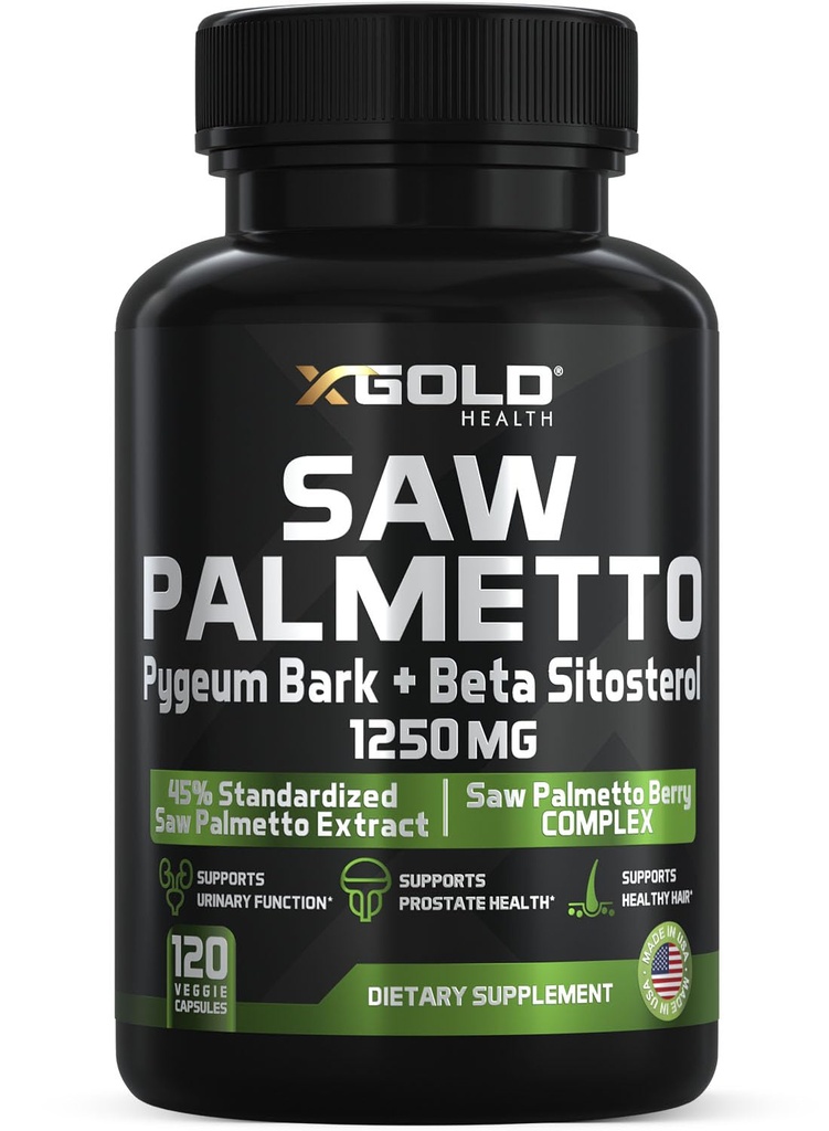 X Gold Health Saw Palmetto Prostata Supplement for mænd i 124; Pygeum Bark i 124; Beta sitosterol Supplement 124; Potent 3X Formel 124; Urinfunktion Prostata 124; DHT Blocker Hår vækst i 124; 4 Måned Supply Made i USA