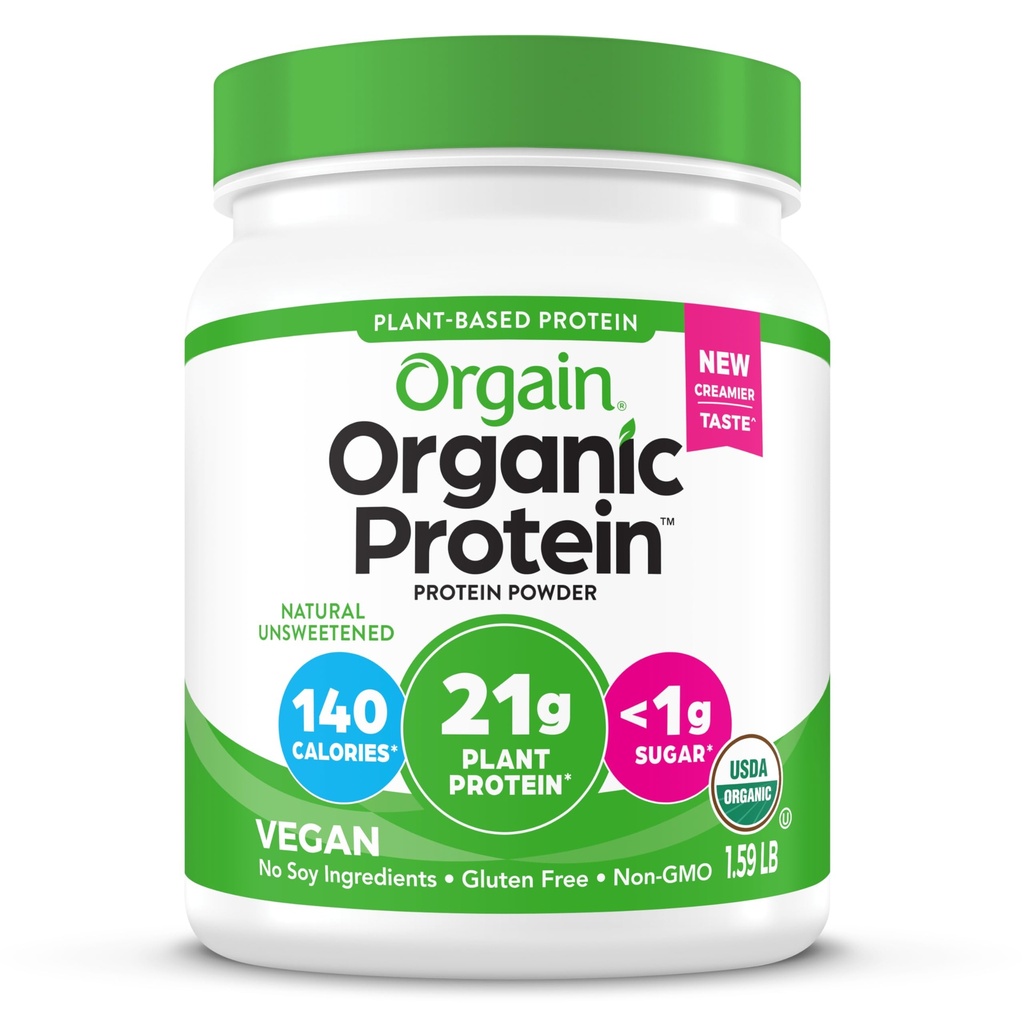 Orgain Organic Vegan Protein Powder, Natural Unsweeened - 21g Plant Protein, 4g Prebiotic Fiber, Lave Net Carbs, Ingen laktoseingredienser, Ingen tilsat sukker, Non- GMO, For Shakes & Smoothies, 1,59 lb