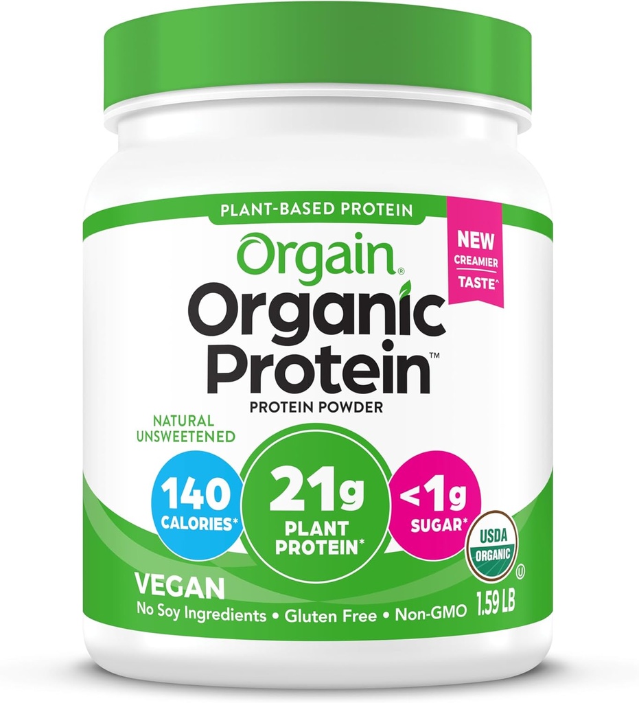 Orgain Organic Vegan Protein Powder, Natural Unsweeened - 21g Plant Protein, 4g Prebiotic Fiber, Lave Net Carbs, Ingen laktoseingredienser, Ingen tilsat sukker, Non- GMO, For Shakes & Smoothies, 1,59 lb