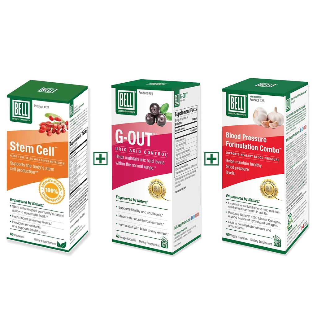 Bell Bundle - sund blodtryksstøtte, Stem Cell Kosttilskud, & G- Out Uric Acid Cleanse - 25 År rundt om i verden, solgt direkte af producenten