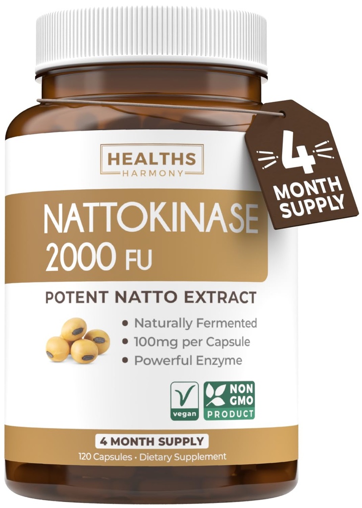 Healths Harmony Natokinase 2000 FU (non-GMO) Kraftfuld Natokinase supplement fremstillet af naturligt fermenterede sojabønner - (4 måneder Tilgang) 120 Vegan Nato kapsler