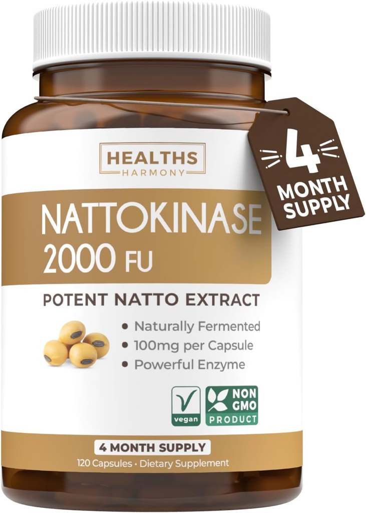 Healths Harmony Natokinase 2000 FU (non-GMO) Kraftfuld Natokinase supplement fremstillet af naturligt fermenterede sojabønner - (4 måneder Tilgang) 120 Vegan Nato kapsler