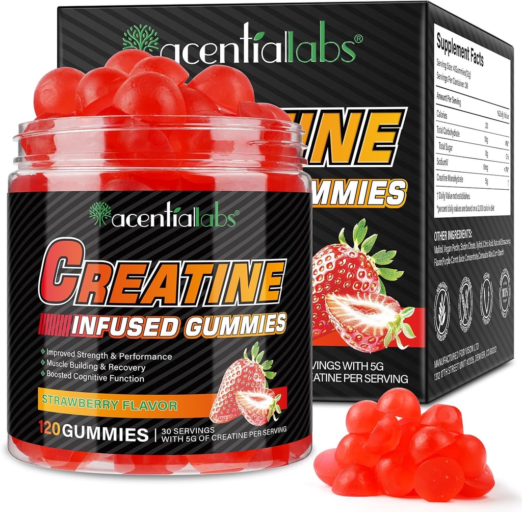 Kreatin Monahydrat Gummier for mænd Kvinder Muskelvækst, Sukker Free - Forbedre styrke & ydeevne, Bulk Kosttilskud Creatin - Pre Workout Gummies- 120pcs
