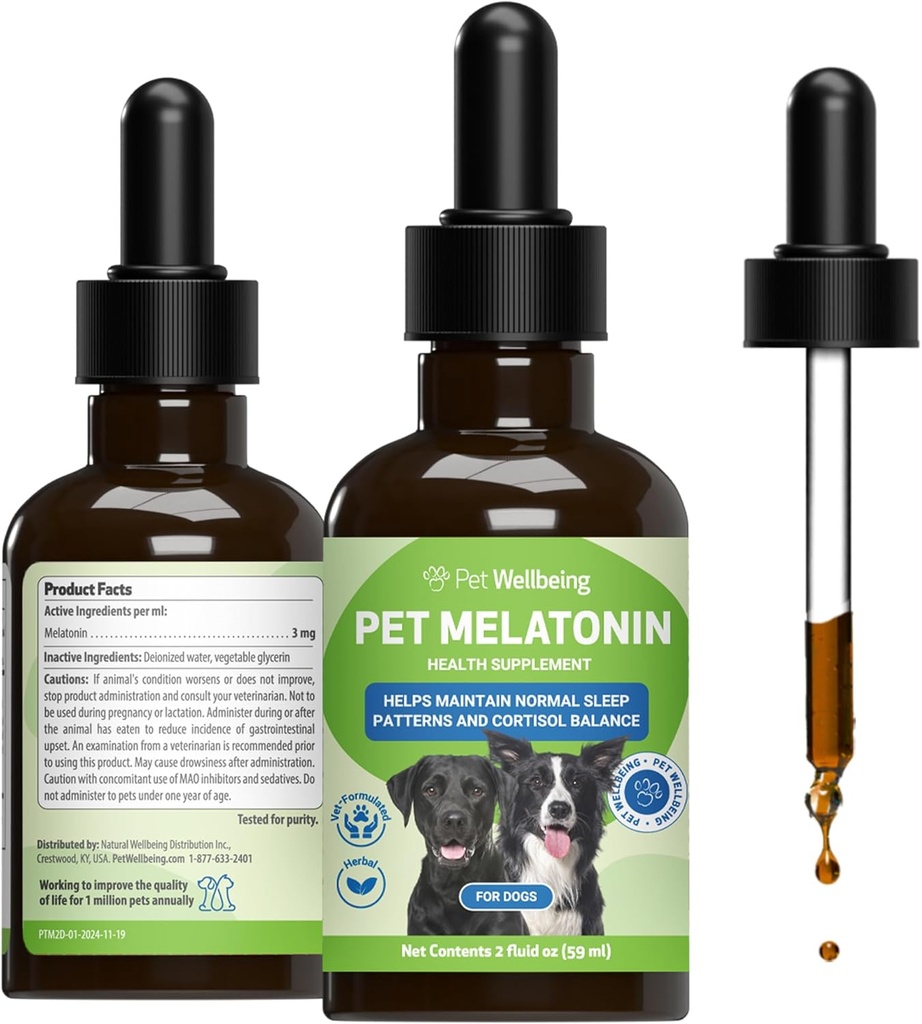 Pet Wellbeing Pet Melatonin til hunde - understøtter adrenal sundhed, Cortisol Balance, Hjælper med at opretholde normale sovemønstre - Veterinarian-Formuleret væske Supplement 2 fl oz (59 ml)