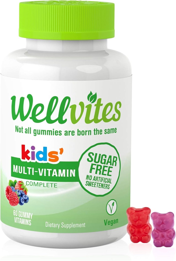 Wellvites Kids Multivitamin Gummies - Sugar Free, Vegan, Non- GMO, Vitamin A, D, B6, B12 og C - Ingen kunstige sødestoffer, Gluten- Free, Gelatin- Free - 60 Greve (30 Day Supply)