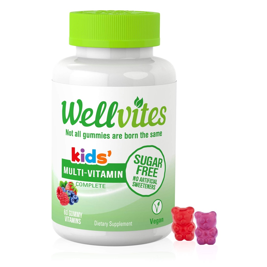Wellvites Kids Multivitamin Gummies - Sugar Free, Vegan, Non- GMO, Vitamin A, D, B6, B12 og C - Ingen kunstige sødestoffer, Gluten- Free, Gelatin- Free - 60 Greve (30 Day Supply)