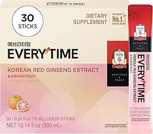 JUNG KWAN JANG Everytime Koreansk Red Ginseng Extract Stick 1.000mg & Grapefrugt - Vegan Ginseng Root Energy Drink Liquid Stick Kosttilskud - Bygger Stamina & Immunitet, Ingen koffein (30 sticks)