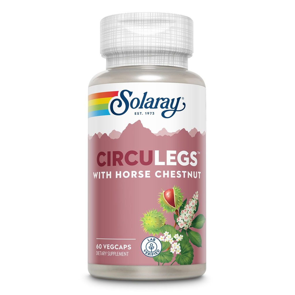SOLARAY CircuLegs med Horse Chestnut Extract, Gotu Kola, Butcher 's Broom, og mere, Circulation og Vein Support til sunde ben, 60- dag garanti, Lab Verified (30 Serv, 60 VegCaps)