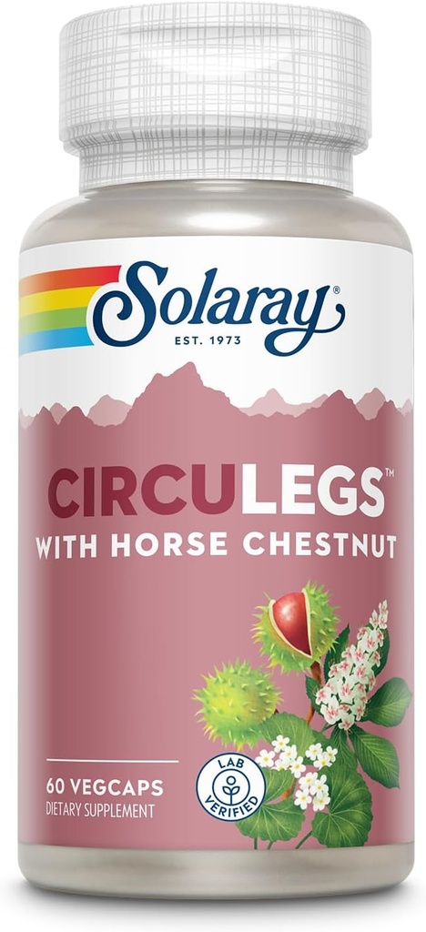 SOLARAY CircuLegs med Horse Chestnut Extract, Gotu Kola, Butcher 's Broom, og mere, Circulation og Vein Support til sunde ben, 60- dag garanti, Lab Verified (30 Serv, 60 VegCaps)