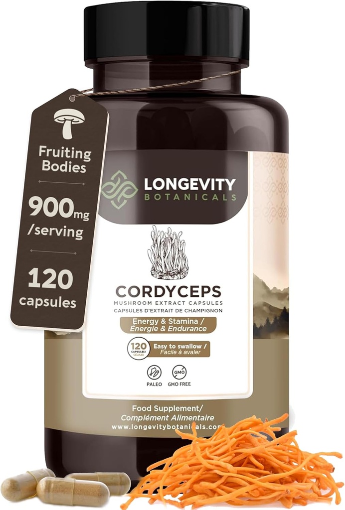 Organic Cordyceps Mushroom kapsler Supplement (120) - 124; Pure Fruiting Body 10: 1 High Strength Extract 124; 30% Beta- D Glucans - 124; 9,000mg Raw Ækvivalent Per Serving - 124; Energi, Stamina & Oxygen Support