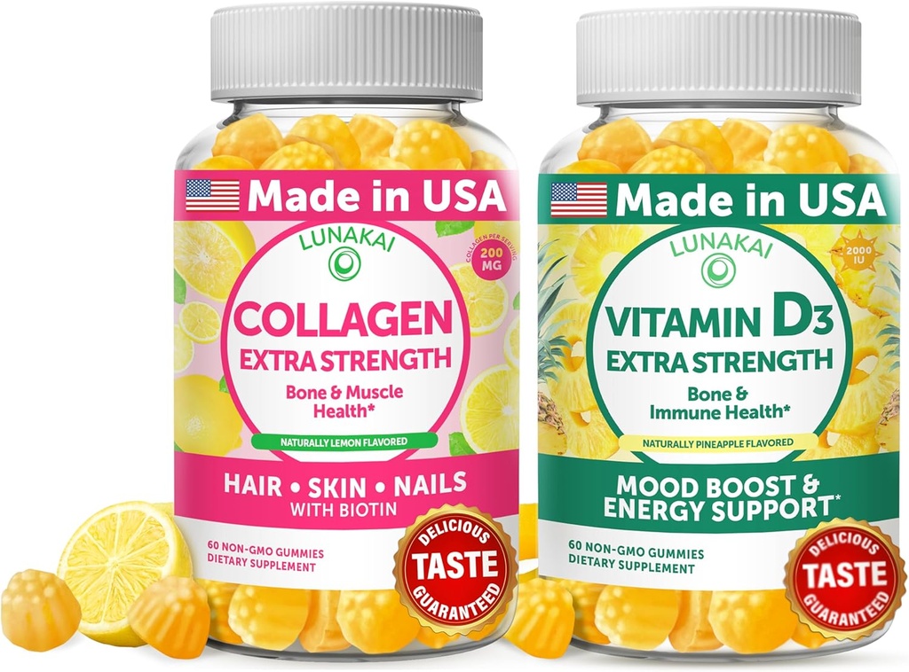 Lunakai Collagen og vitamin D3 Gummies Bundle - Non-GMO Anti Aging Kosttilskud til mænd og kvinder - Immunitet, ben og mood Support Gummy til voksne - 30 dages forsyning