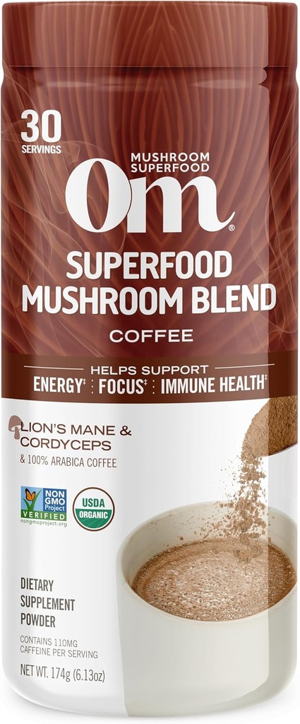 OM MUSHROOM SUPERFOOD kaffe Blend - Økologisk Arabica med løvens Mane, Cordyceps, Reishi, Tyrkiet Tail & Ginkgo - Understøtter energi, Focus & Clarity - 6.24 oz Canister (30 Servere)