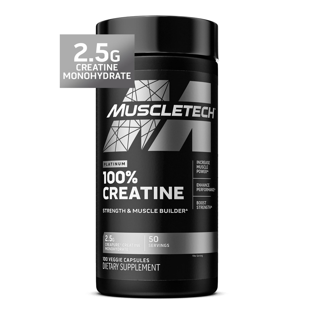 MuscleTech Platinum Creatinine monohydrat kapsler - Creapure Creatin Pre & Post Workout Muscle Builder, Muscle Recovery & Energy Boosting supplement til mænd og kvinder - 100 Veggie piller