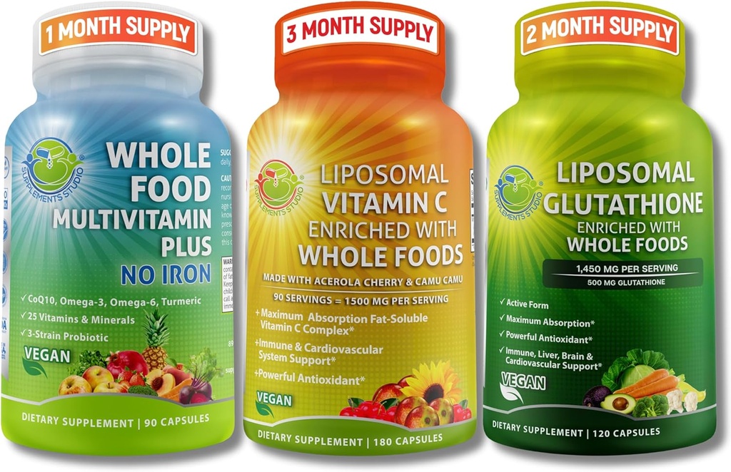 Immuno & Daglig Wellness Support Bundle for Women & Men - Liposomal Vitamin C 1500mg + Vegan Whole Food Multivitamin Ingen Iron + Liposomal Glutathione 500mg - Vegan, Non- GMO, Clean Daily Wellness Support