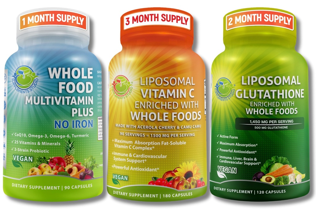 Immuno & Daglig Wellness Support Bundle for Women & Men - Liposomal Vitamin C 1500mg + Vegan Whole Food Multivitamin Ingen Iron + Liposomal Glutathione 500mg - Vegan, Non- GMO, Clean Daily Wellness Support