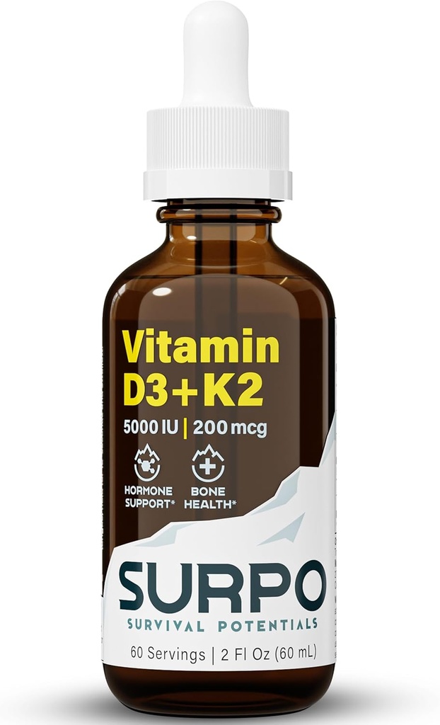 D3- vitamin + K2 Flydende dråber med Omega 3 Olie - 5000 IE D Vitamin Drops K2 for Hormone Support & Bone Health - Flydende D3 Vitamin med K2 Drops for maksimal Absorption - 2Fl Oz Vitamin K2 D3