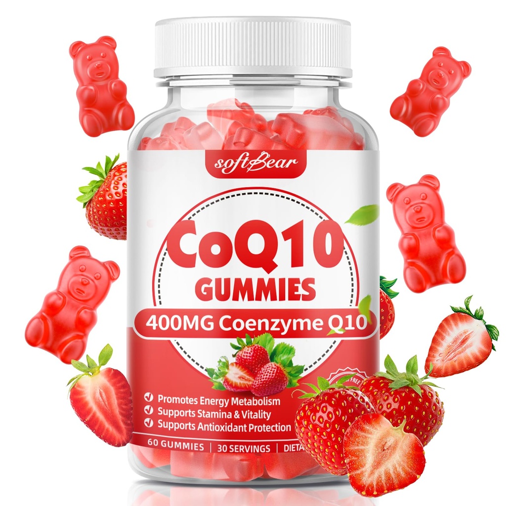 softbear CoQ10 Gummies 400mg Coenzym Q10 Supplement for voksne, High Absorption coq10 Plus Omega-3, Magnesium, vitamin B3 & zink til cellulær energi & antioxidant, Strawberry Flavor 60 Count