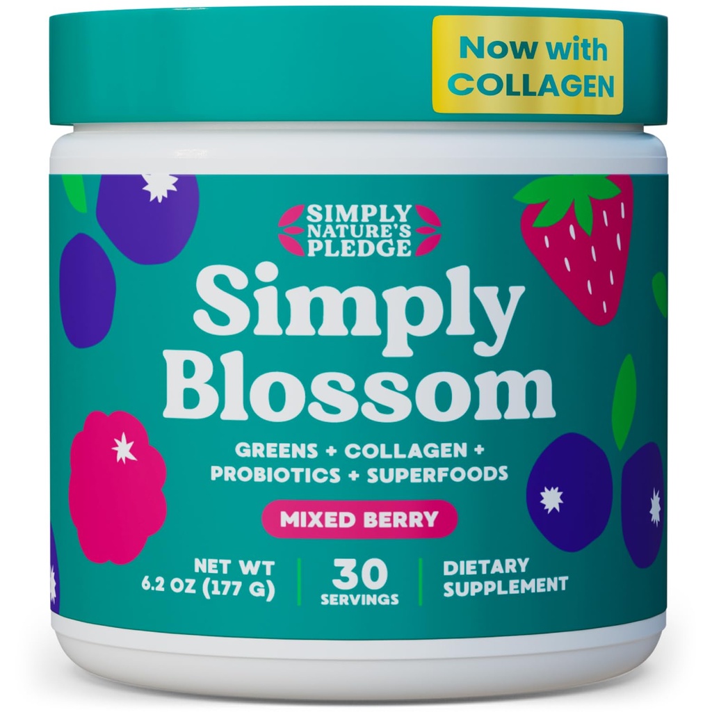 Simply Blossom Nutrition - Daily Green & Superfood Powder + Collagen + Probiotika til kvinders fordøjelsesmæssige sundhed & Bloating Relief. Hjælp dit helbred Bloom - 30 dages levering