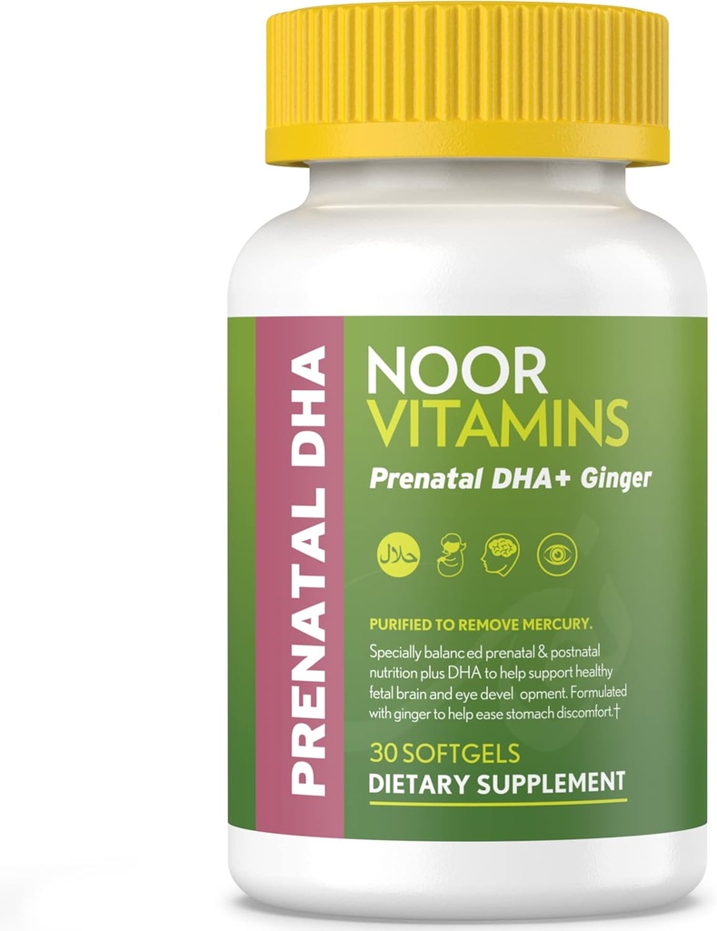 Noor Vitamin Halal Prenatal Vitamin med DHA og folinsyre, Essentielle Vitamin, Ingefær til Sothe mors Mave, Jern, Softels, Prenatal Vitamin før / under / efter graviditet (1 måned Tilgang)