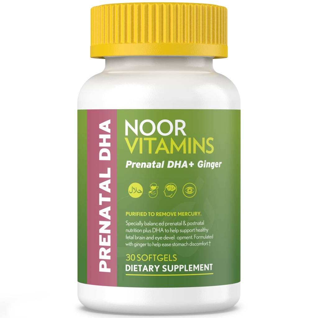 Noor Vitamin Halal Prenatal Vitamin med DHA og folinsyre, Essentielle Vitamin, Ingefær til Sothe mors Mave, Jern, Softels, Prenatal Vitamin før / under / efter graviditet (1 måned Tilgang)