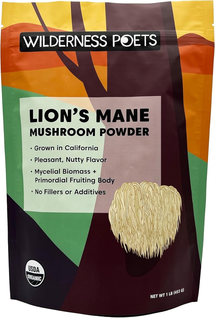 Wilderness Poets, Organic Lions Mane Mushroom Powder - California Grown - Bulk Størrelse (16 Ounce - 1 Pound)