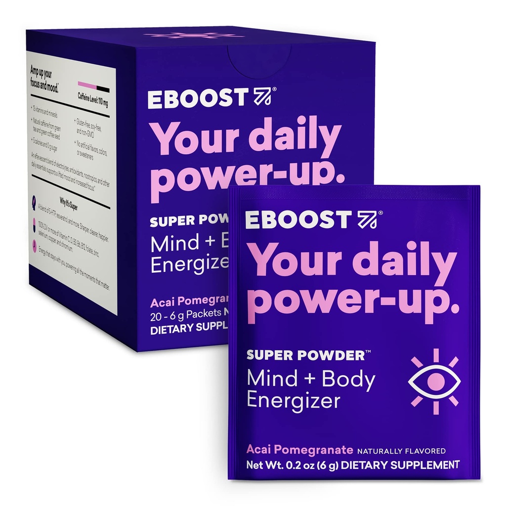 EBOOST Super Energy Powder Drink Mix, Non- GMO Electrolyte Supplement Indfyldt med vitaminer (Acai Pomegranate), 0,2 Ounce (pakke med 20)