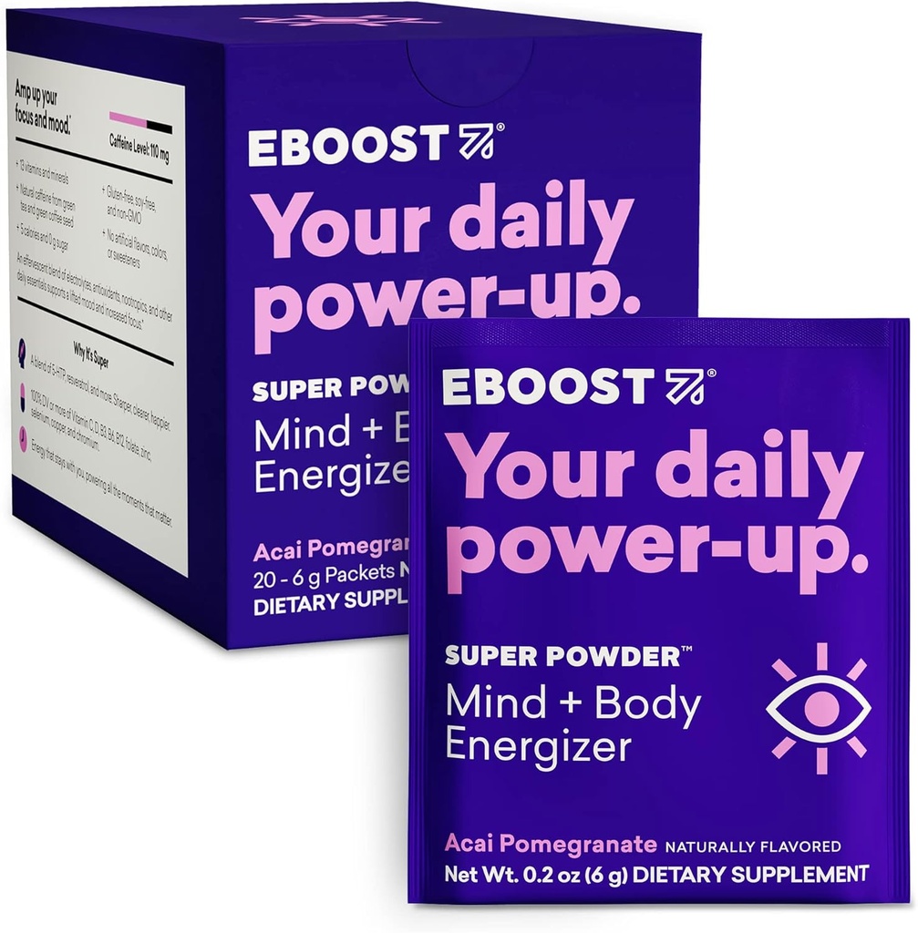 EBOOST Super Energy Powder Drink Mix, Non- GMO Electrolyte Supplement Indfyldt med vitaminer (Acai Pomegranate), 0,2 Ounce (pakke med 20)