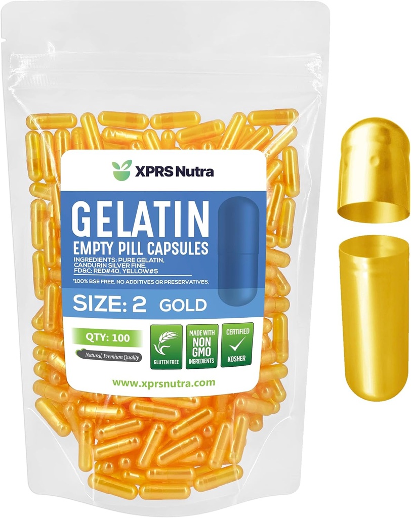 XPRS Nutra Størrelse 2 Tomme kapsler - 100 Grev Tomme Gelatine kapsler - Piller gør det selv Capsule Fyldning - Pure Bovin Pille Gel Caps til Do- It- Yourself Kosttilskud (Guld)