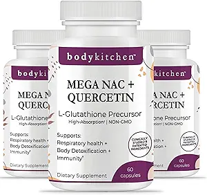 Body Kitchen Mega NAC (N- Acetyl Cysteine) 600 mg med Quercetin, understøtter respiratorisk sundhed og immunfunktion og fremmer lever - og nyredetox, Veggie Caps, (pakning med 3)
