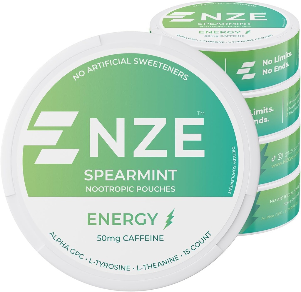 NZE Koffein Nootrope Pouches (Spearmint) - Energy Pouches med 50 mg Koffein, Alpha GPC, L-Tyrosine & L-Theanin med ingen sukker eller kunstige sødestoffer - 15 Pouches Per Can - 5 Pack