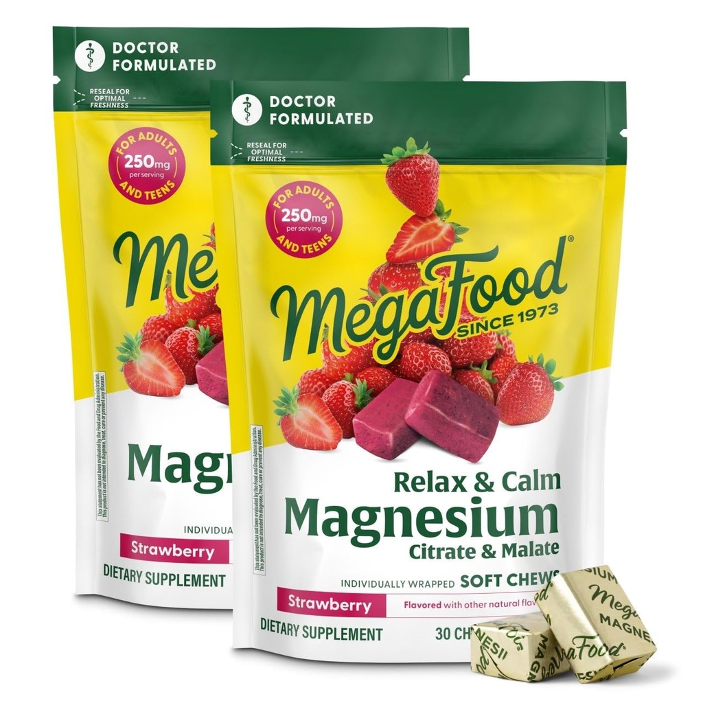 MegaFood Relax + Calm Magnesium Supplement - Soft Chews with Magnesium Citrate & Malate for Heart Health, Muscle Tension & Mere - Vegetar - Strawberry Flavor - 30 Chews per pakke (2 Pack)