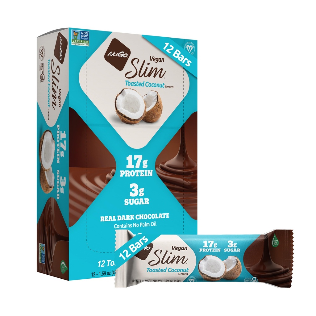 NuGo Slim Dark Chocolate Toasted Coconut, 16g Vegan Protein, 3g Sukker, 7g Fiber, Low Net Carb, Keto Friendly, Gluten Free, 12 C